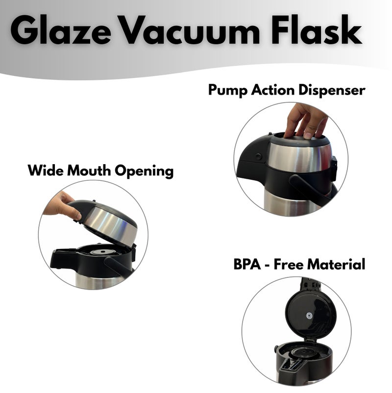 جليز ترمس حراري من الفولاذ المقاوم للصدأ سعة 2.5 لتر، موزع للقهوة والشاي - يحافظ على المشروبات ساخنة وباردة لمدة 24 ساعة - مزود بمضخة لتوزيع المشروبات - معزول بتفريغ الهواء مع مقبض حمل - فضي وأسود - Image 3